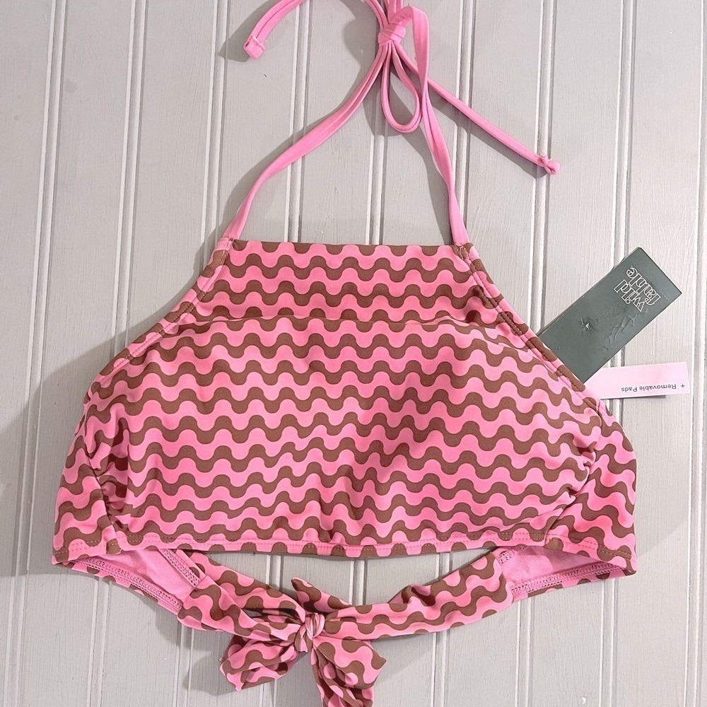 Wild Fable Halter Bikini Swim Top Womens Small Pink Brown Waves Stretchy NWT